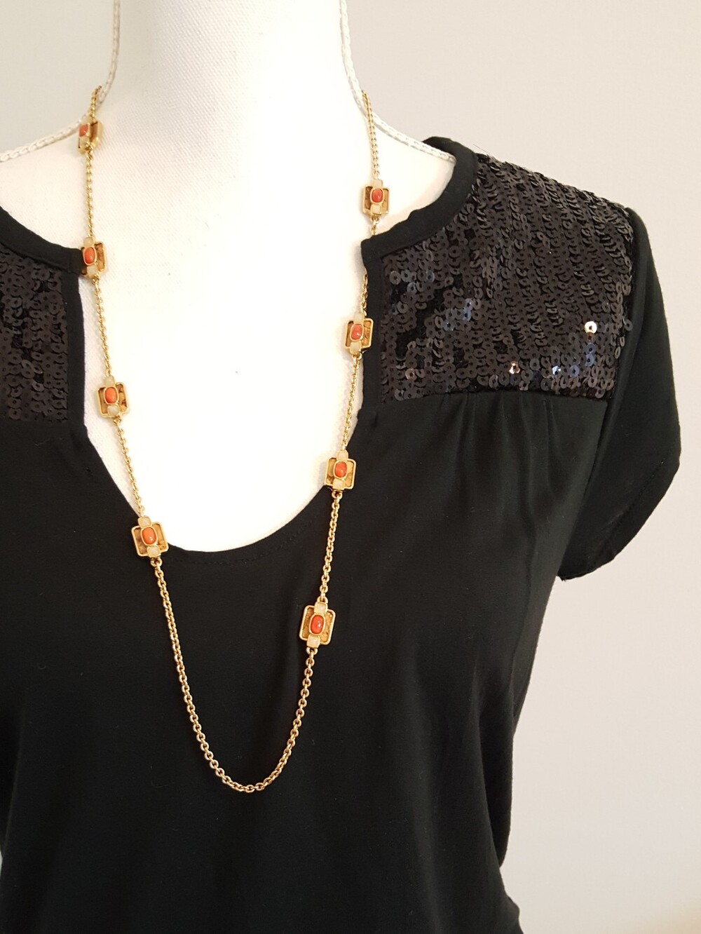 Ann Taylor Gold Tone Long Station Necklace Orange Coral Accents 32"